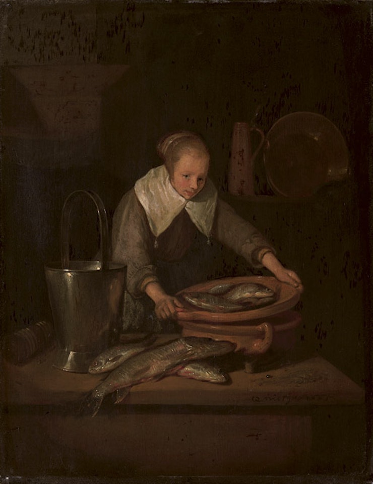 Young maid preparing fish in a kitchen by Quirijn Gerritsz van Brekelenkam