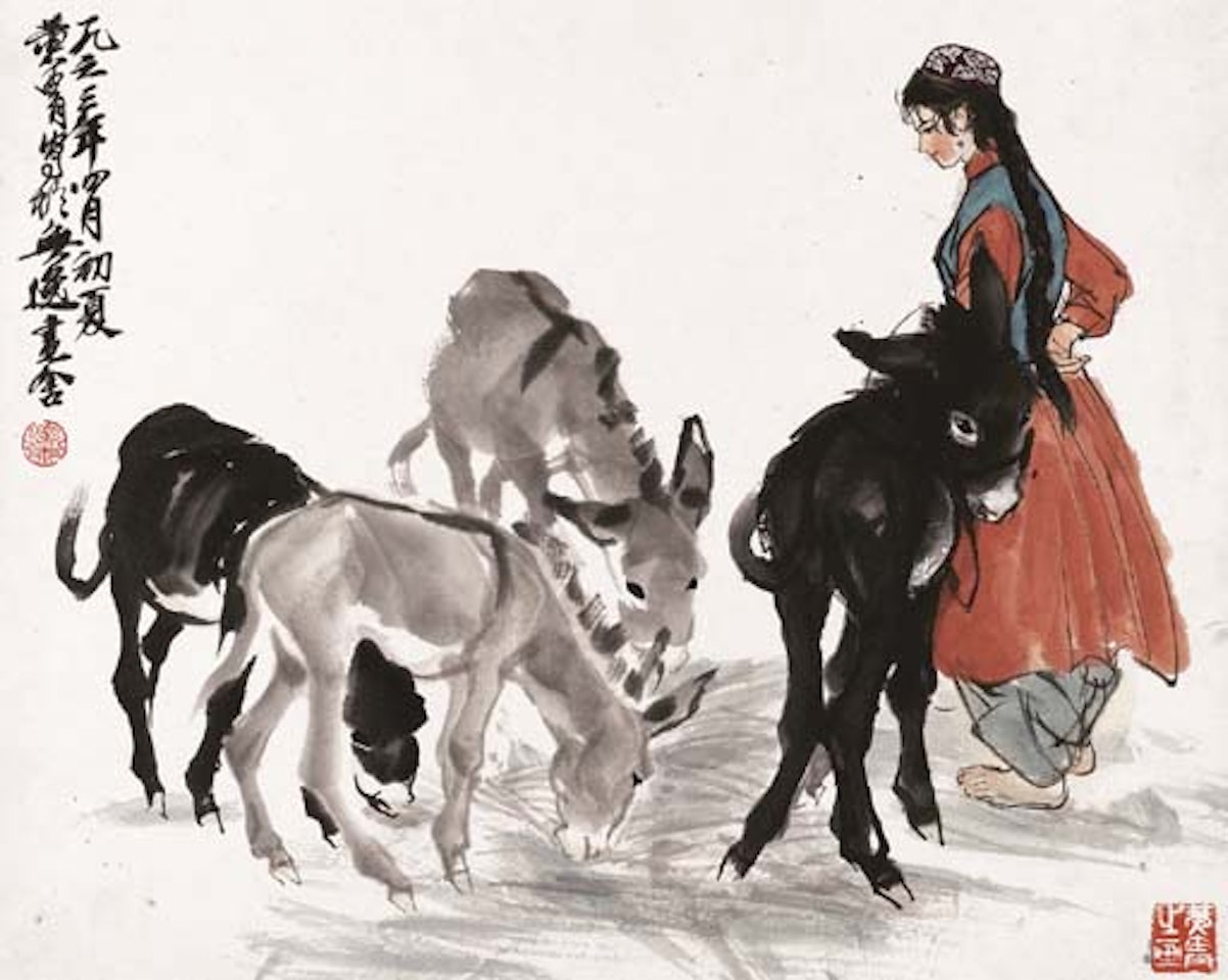 Girl and donkeys by Huang Zhou