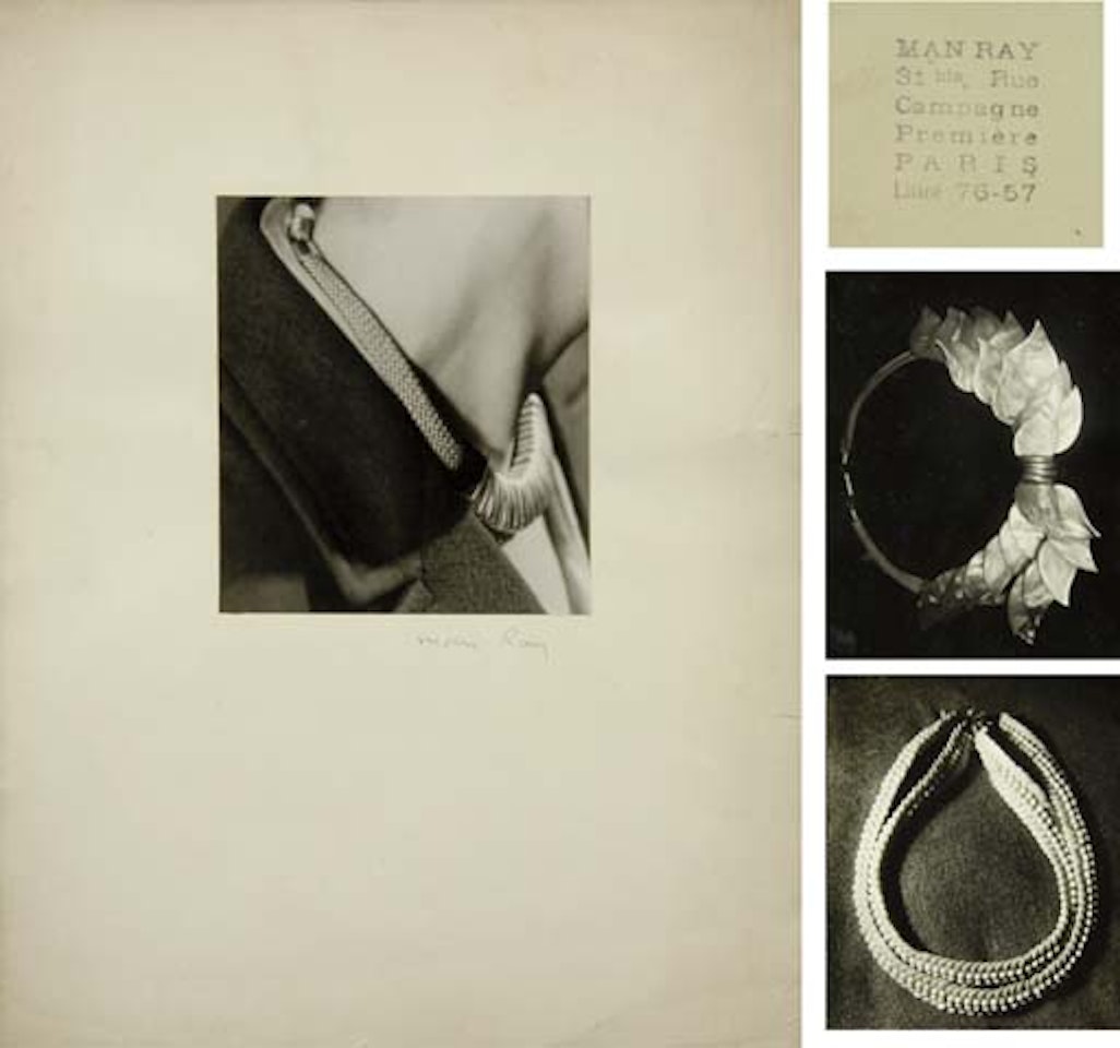 Elsa Triolet modeling a necklace of her own design by Man Ray