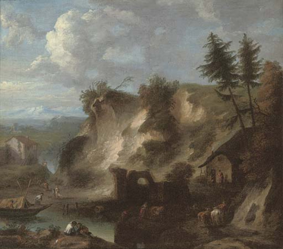 Mountainous river landscape with herdsmen and their cattle by a farm by Isaac de Moucheron