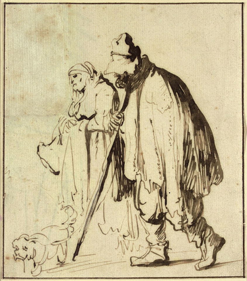 Vagrant couple with dog by Attributed to Rembrandt Harmensz van Rijn