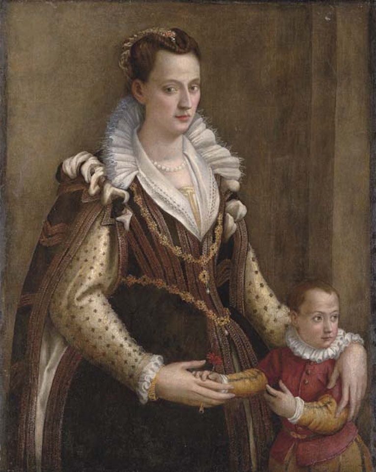 Portrait of a lady with a child, identified as Eleonora of Medici and L25son, three-quarter length by Lavinia Fontana