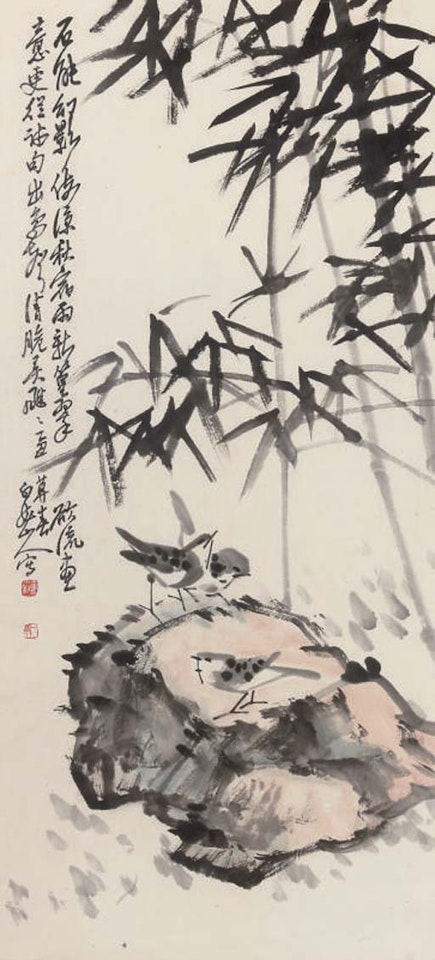 Three sparrows perched on rockwork, before bamboo by Wang Zhen