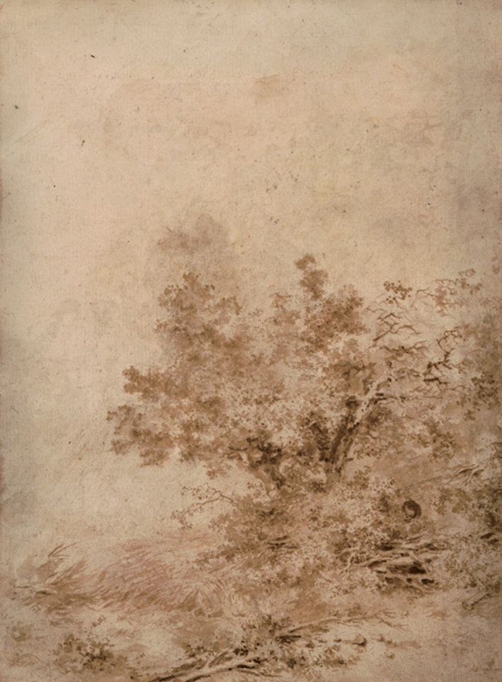 Wooded landscape with boy by Jean-Honoré Fragonard