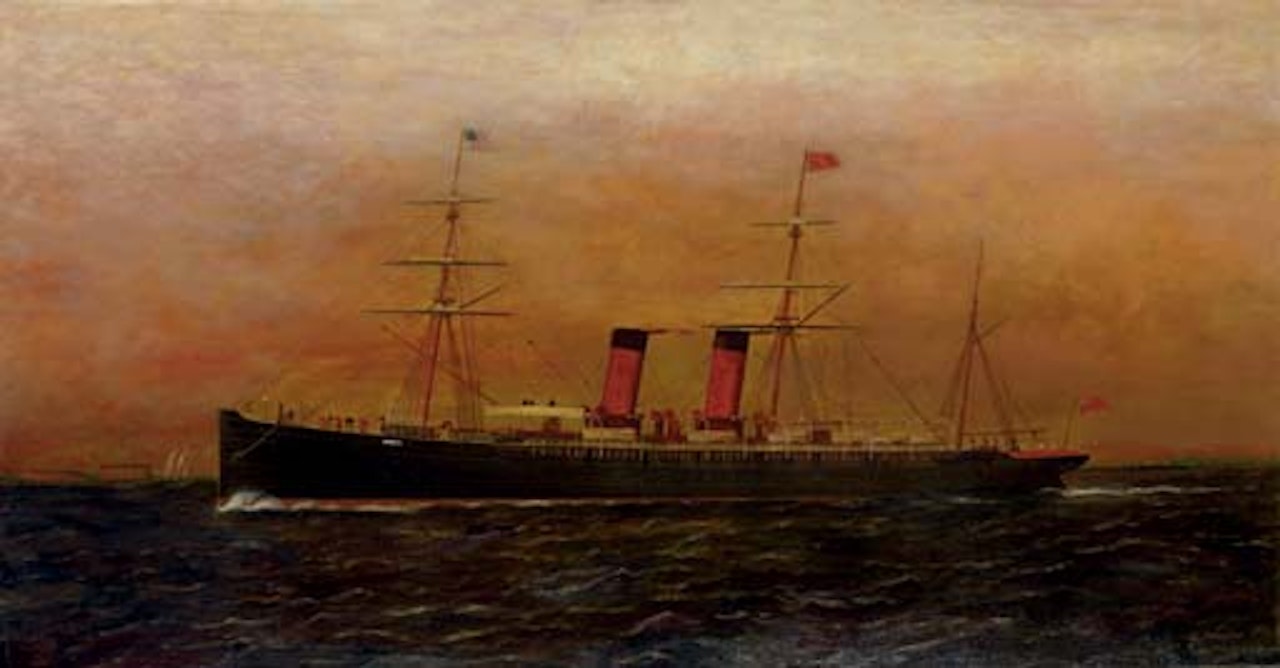 British steam ship Umbria entering New York harbor, Governors Island oL21ff her starboard side by Antonio Jacobsen