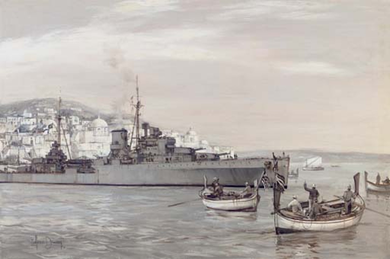 Liberation of Greece HMS Ajax by Montague Dawson