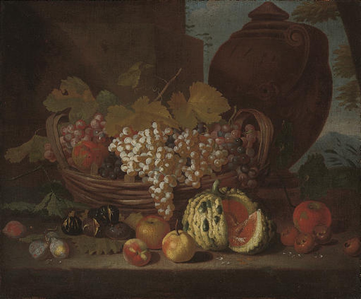 Red and white grapes on the vine in a basket, with peaches, figs, plums and a melon on a stone ledge, by a column and an urn, a landscape beyond by Michele Pace del Campidoglio