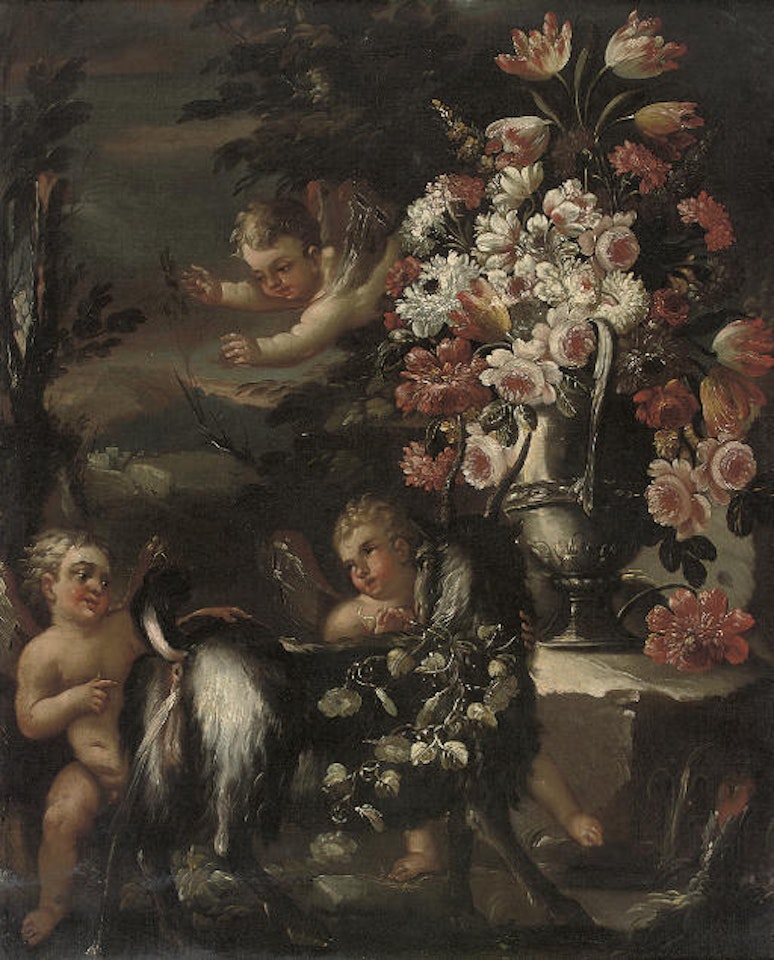 Putti disporting with a goat, by an urn of chrysanthemums, roses, parrot tulips and other flowers, in a landscape by Franz Werner von Tamm