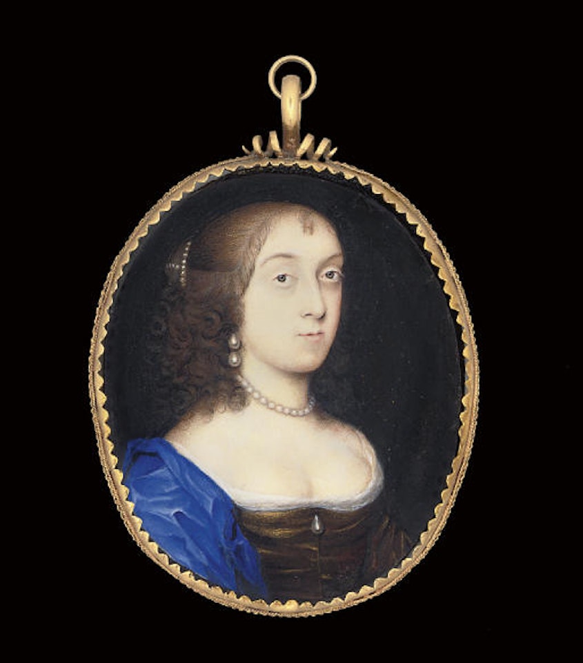 A lady called Catherine of Braganza, in white silk-bordered russet dress, drop-pearl at corsage, blue shawl, pearl necklace, double drop-pearl earring, pearls in her upswept brown hair dressed in curls by David Des Granges