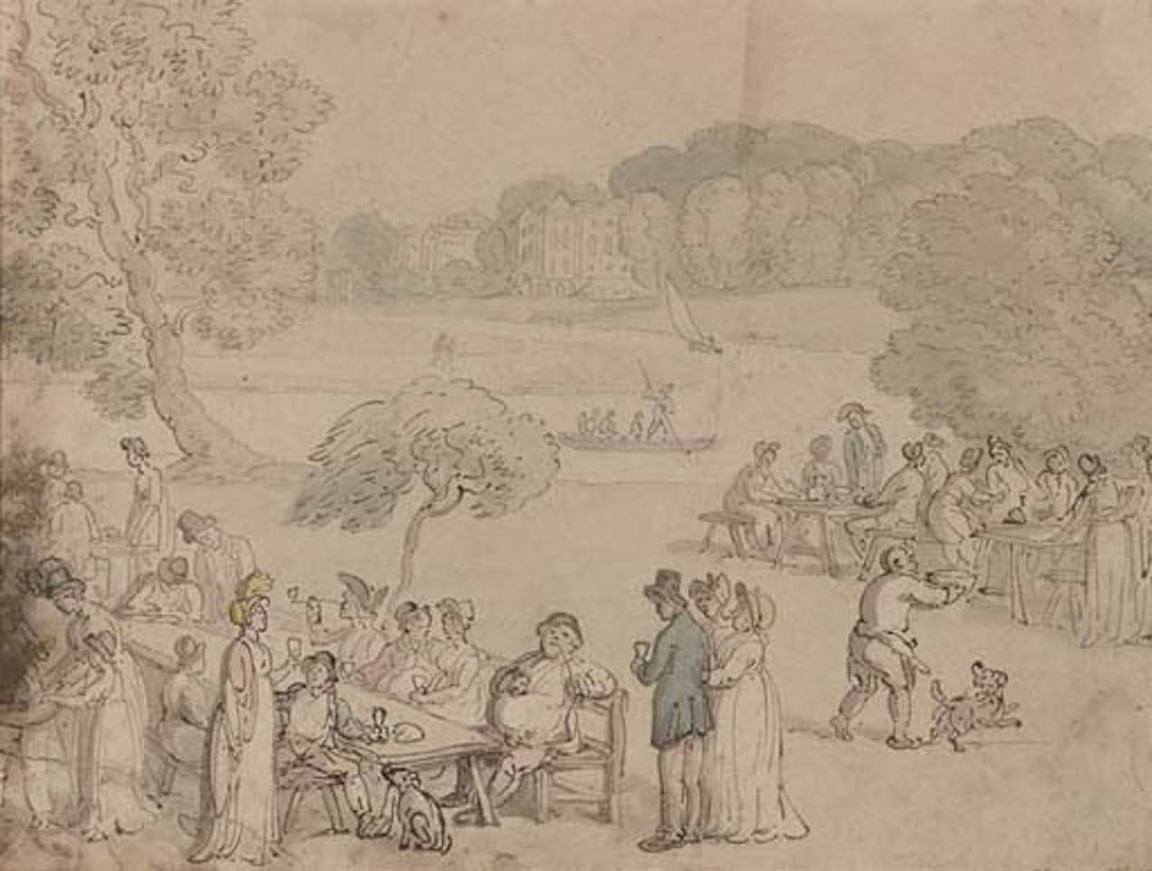 Figures picnicking by the Thames at Twickenham by Thomas Rowlandson