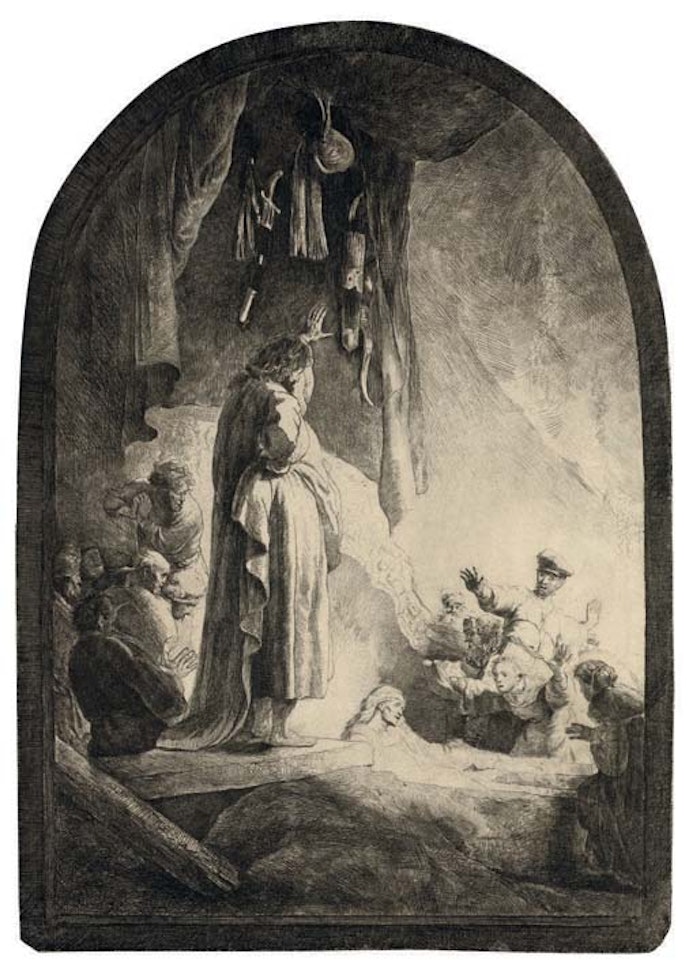 The Raising of Lazarus: Large Plate  (B., Holl. 73 H. 95) by Attributed to Rembrandt Harmensz van Rijn