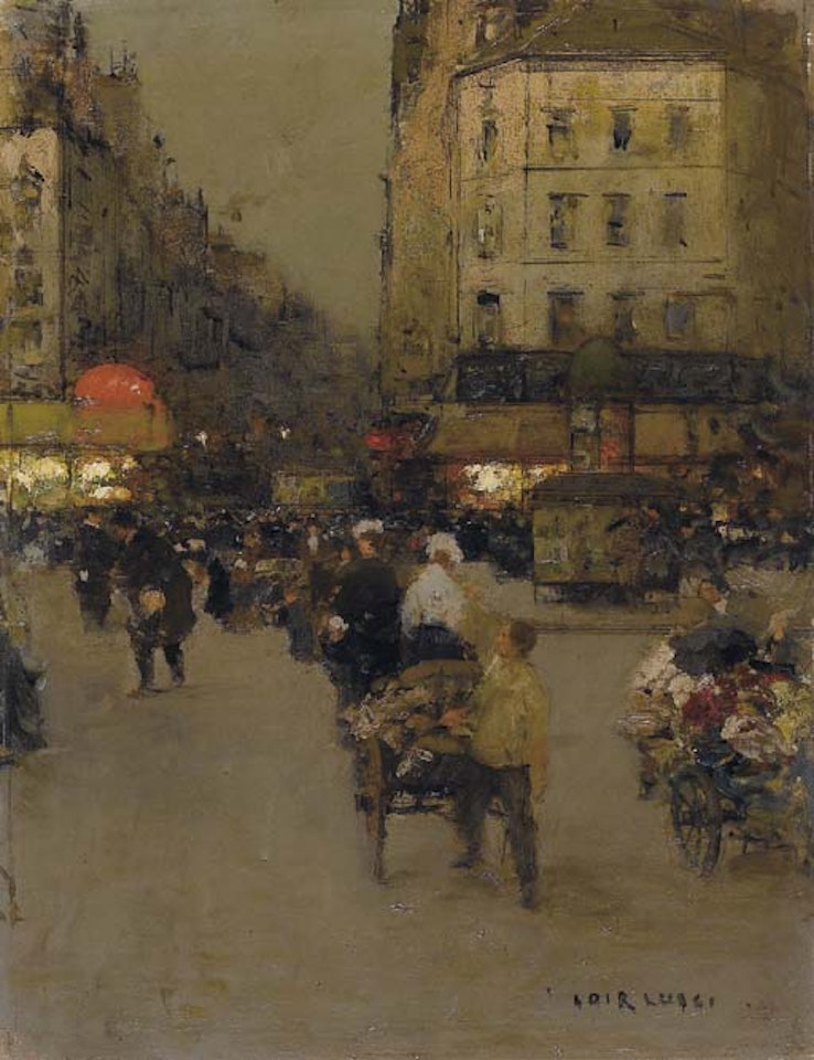 Crepuscule sur une place, probablement la place du Delta, Paris by Luigi Loir