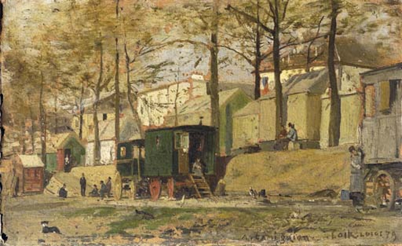 Les saltimbanques et leurs roulottes derriere une fete foraine by Luigi Loir