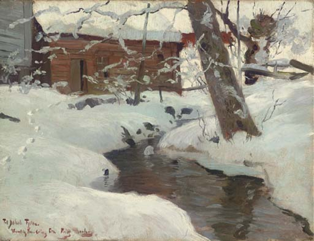Snow covered cottage by a stream by Fritz Thaulow