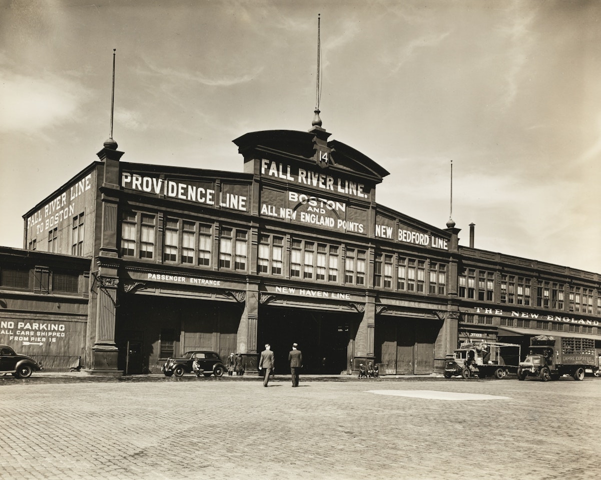 PIER 14, NORTH RIVER: FROM WEST AND FULTON STREETS by Berenice Abbott