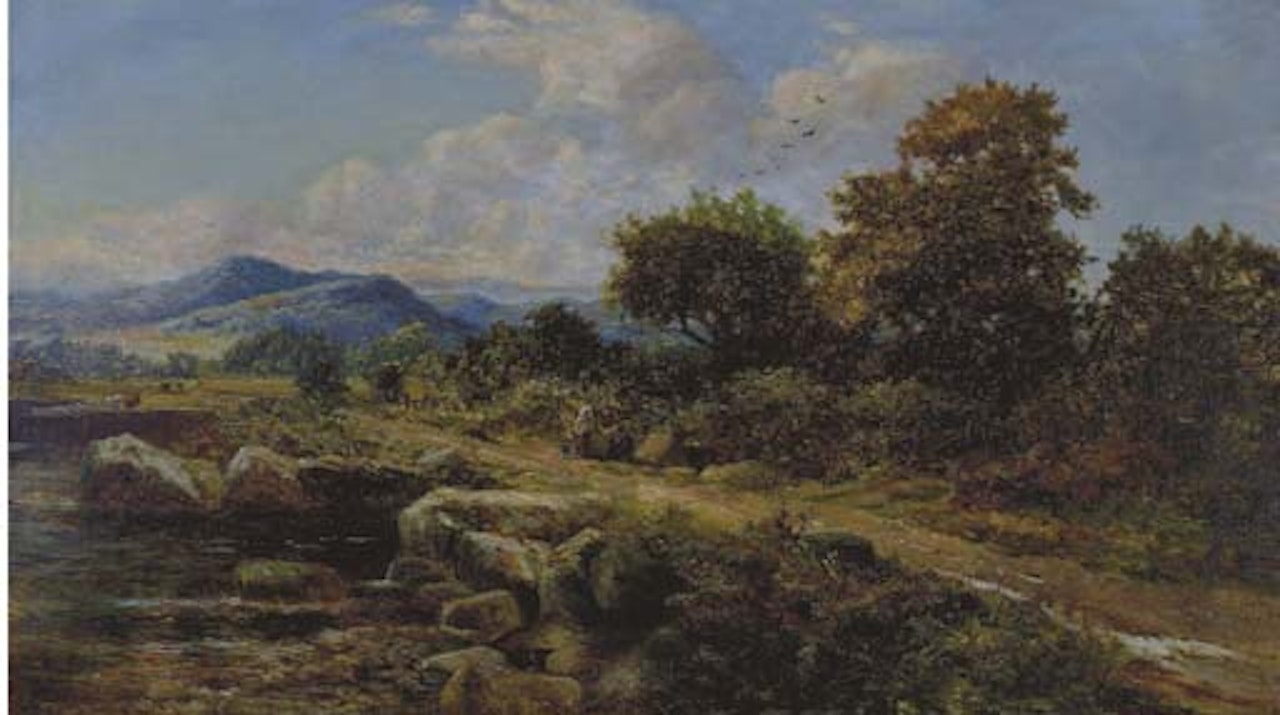 Travellers resting on the path by Benjamin Williams Leader