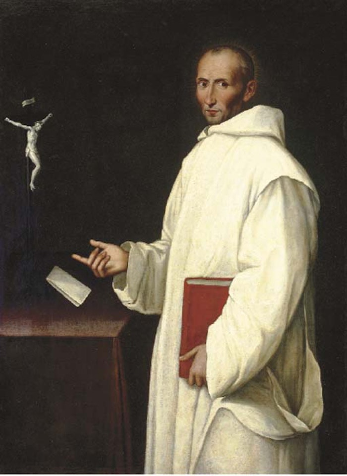 Carthusian monk with a book, before a crucifix by Spanish School