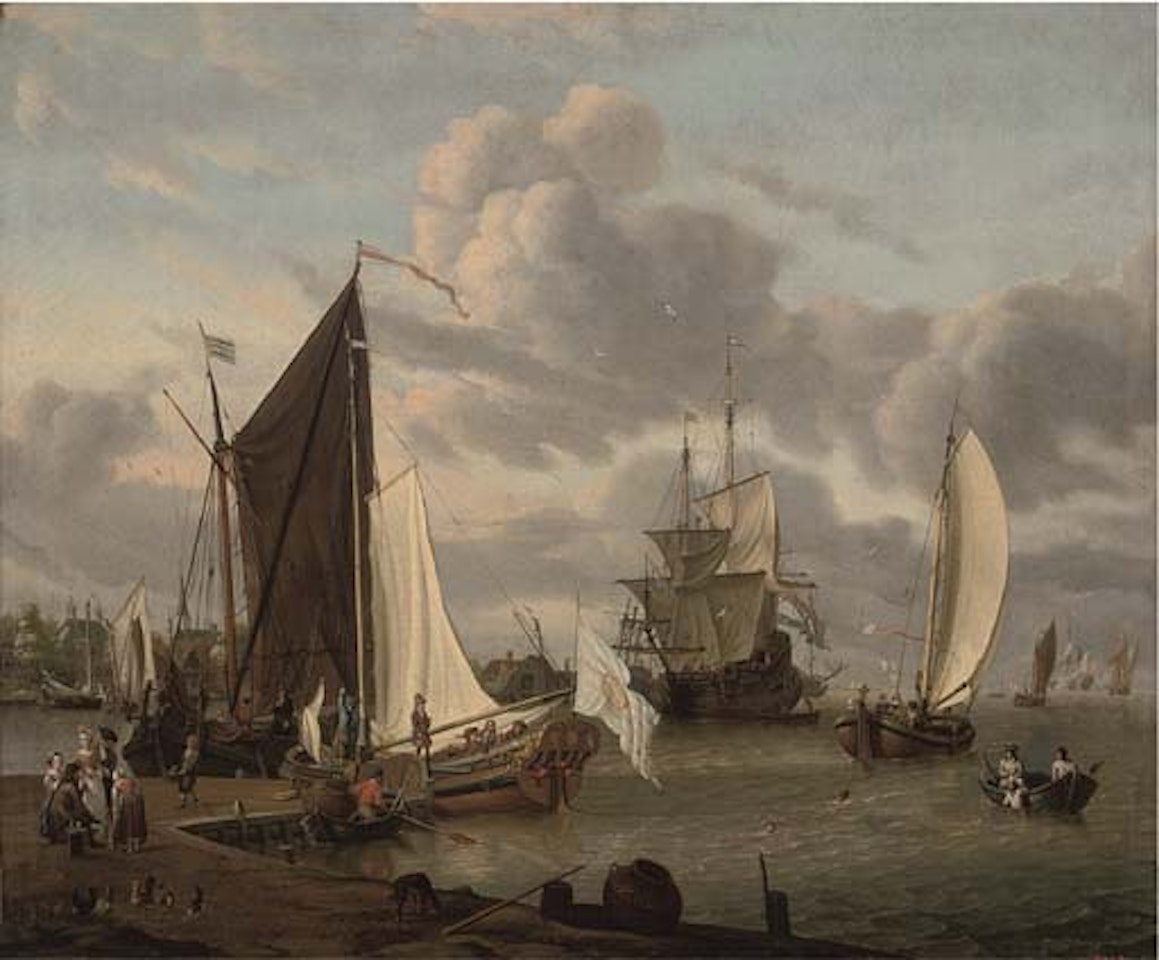 Port with smalschips and man-o-war, fisherfolk and elegant company by Abraham Storck