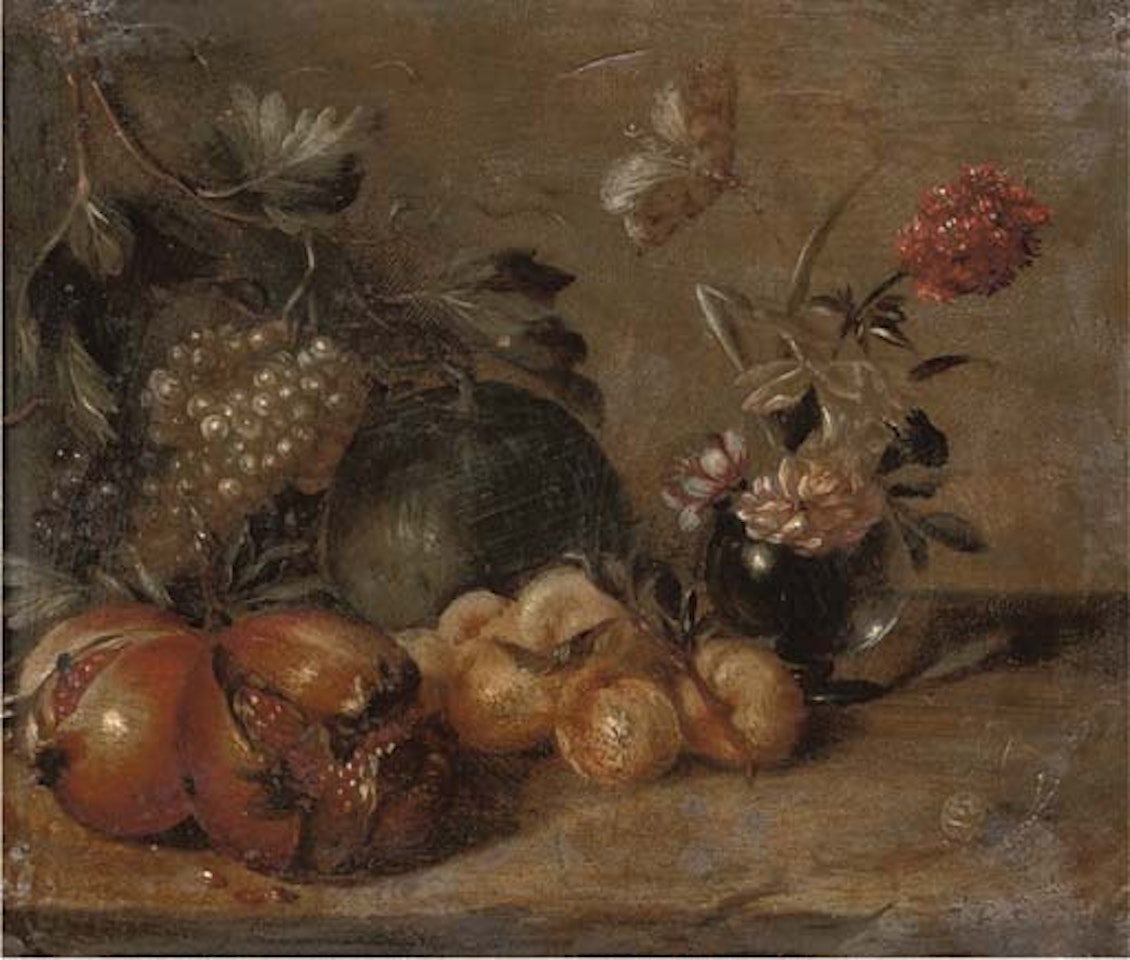 Fruit, peonies in a vase, butterfly and snail on a stone ledge by Abraham Brueghel