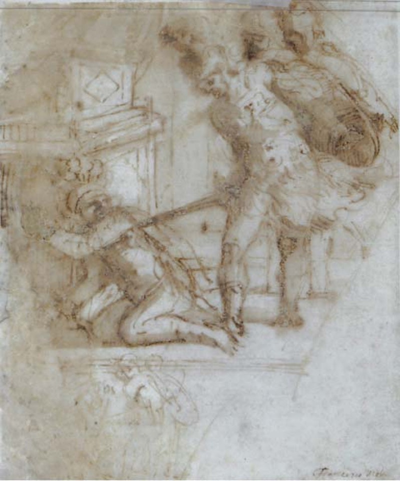 Soldier threatening a kneeling man with his sword by Pier Francesco Mola
