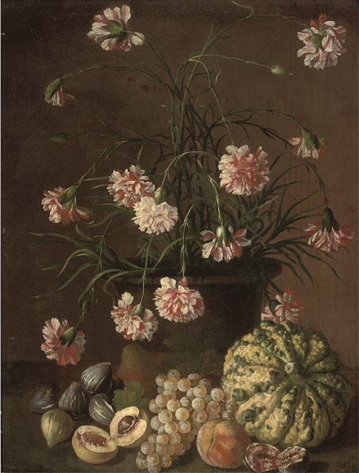 Carnations in a pot, peaches, grapes and other fruit on a ledge by Roman School