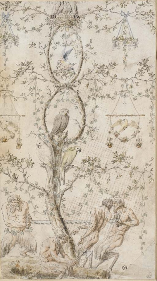 Projet de decor avec des satyres sciant un arbre aux oiseaux by Louis-Félix de la Rue