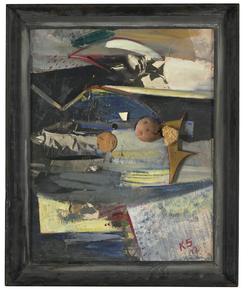 OHNE TITEL (BILD MIT ROTEM GUMMIBALL) (UNTITLED (RED-RUBBER-BALL PICTURE)) by Kurt Schwitters