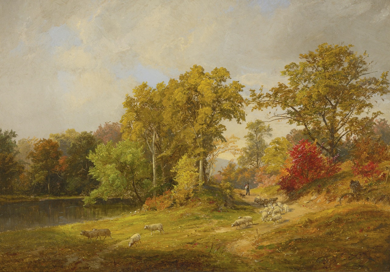 Autumn Landscape with Shepherd, Dog and Sheep by Jasper Francis Cropsey