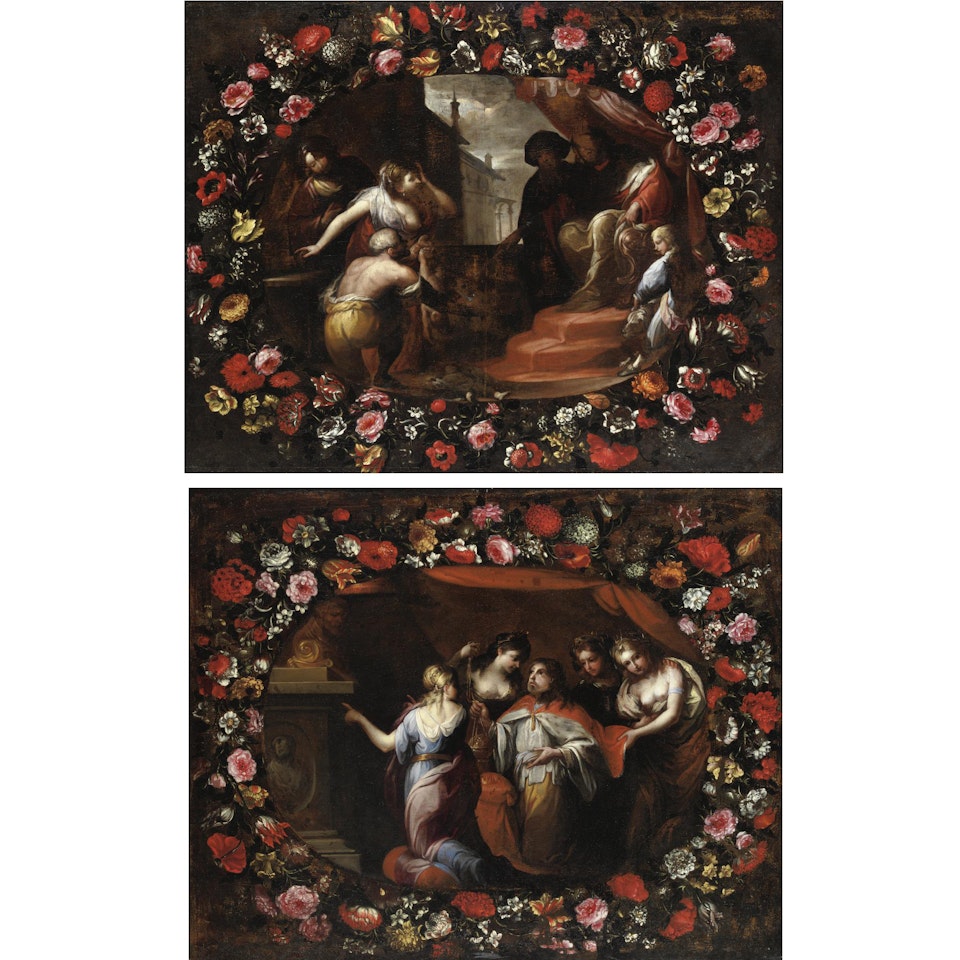 Il Giudizio Di Salomone E Salomone Adora Gli Idoli, Entro Ghirlande Di Fiori by Florentine School