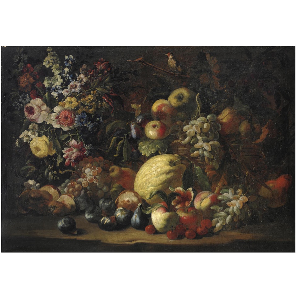 Natura Morta Di Frutta Con Vaso Di Fiori E Un Uccellino by Abraham Brueghel