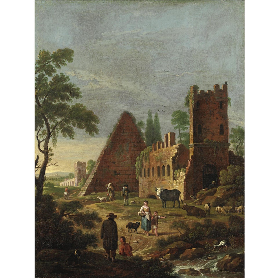 Veduta Con Rovine, Una Piramide E Contadini by Venetian School