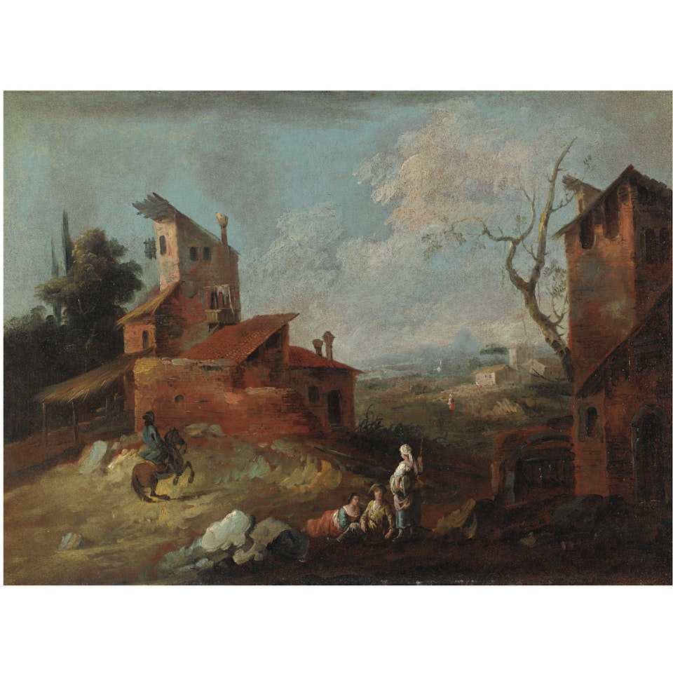 Paesaggio Con Contadini E Un Viandante Presso Un Villaggio by Venetian School