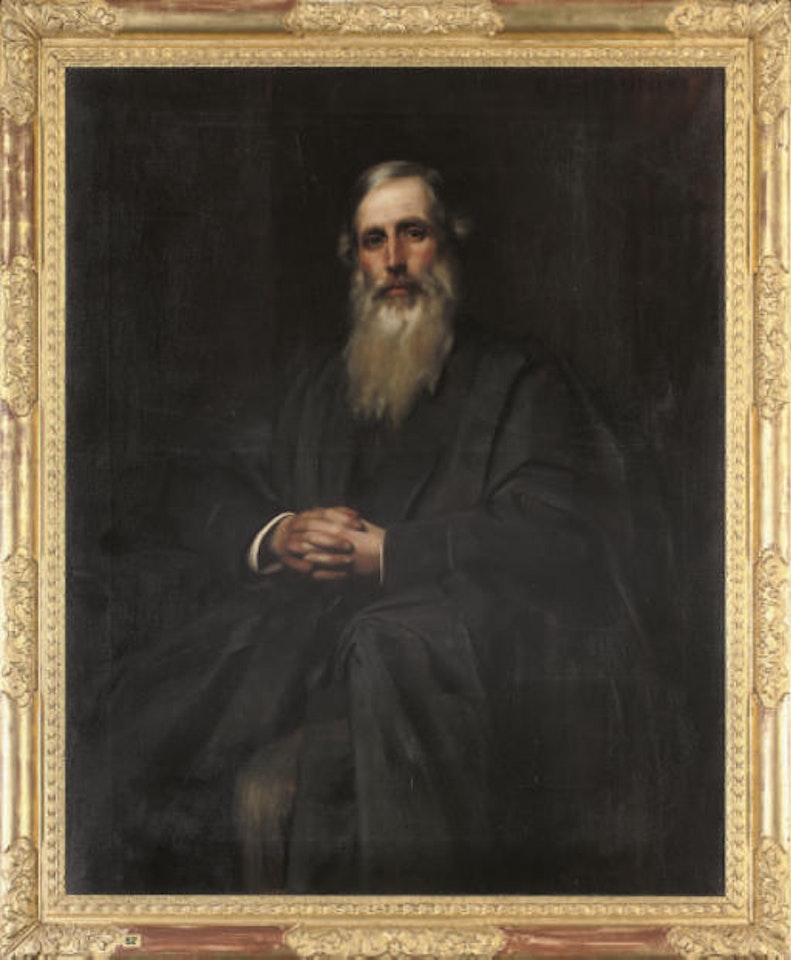 Portrait of Henry Sidgwick Esq., seated three-quarter-length, in an black gown. Portrait of Mrs Henry Sidgwick, seated three-quarter-length, in a blue dress by Henry John Hudson by James Jebusa Shannon