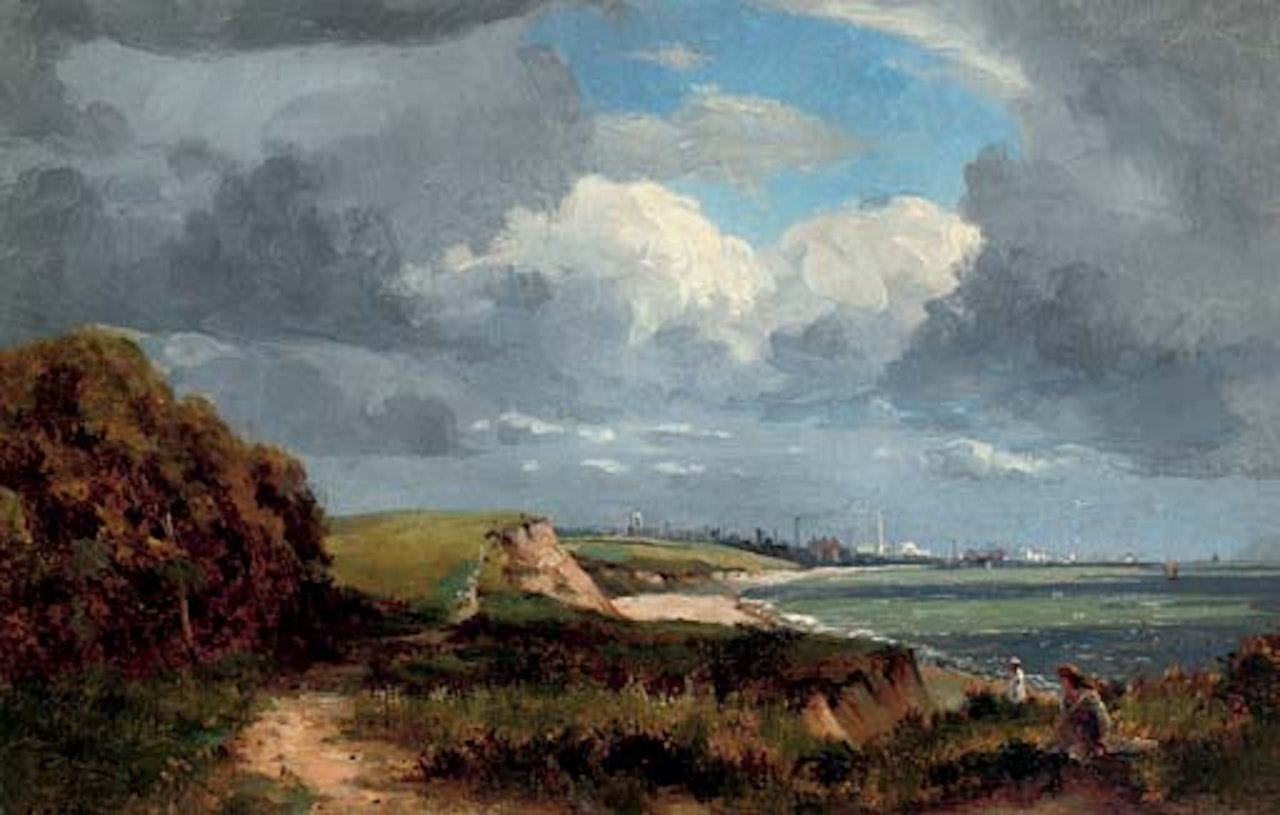 Figures on a coastal path, a town in the distance by Campbell Mellon
