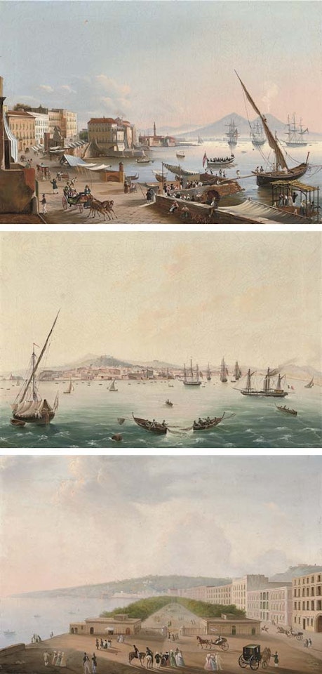 Boats in the bay of Naples. Quayside at Naples. Palazzo Reale, Naples by Neapolitan School