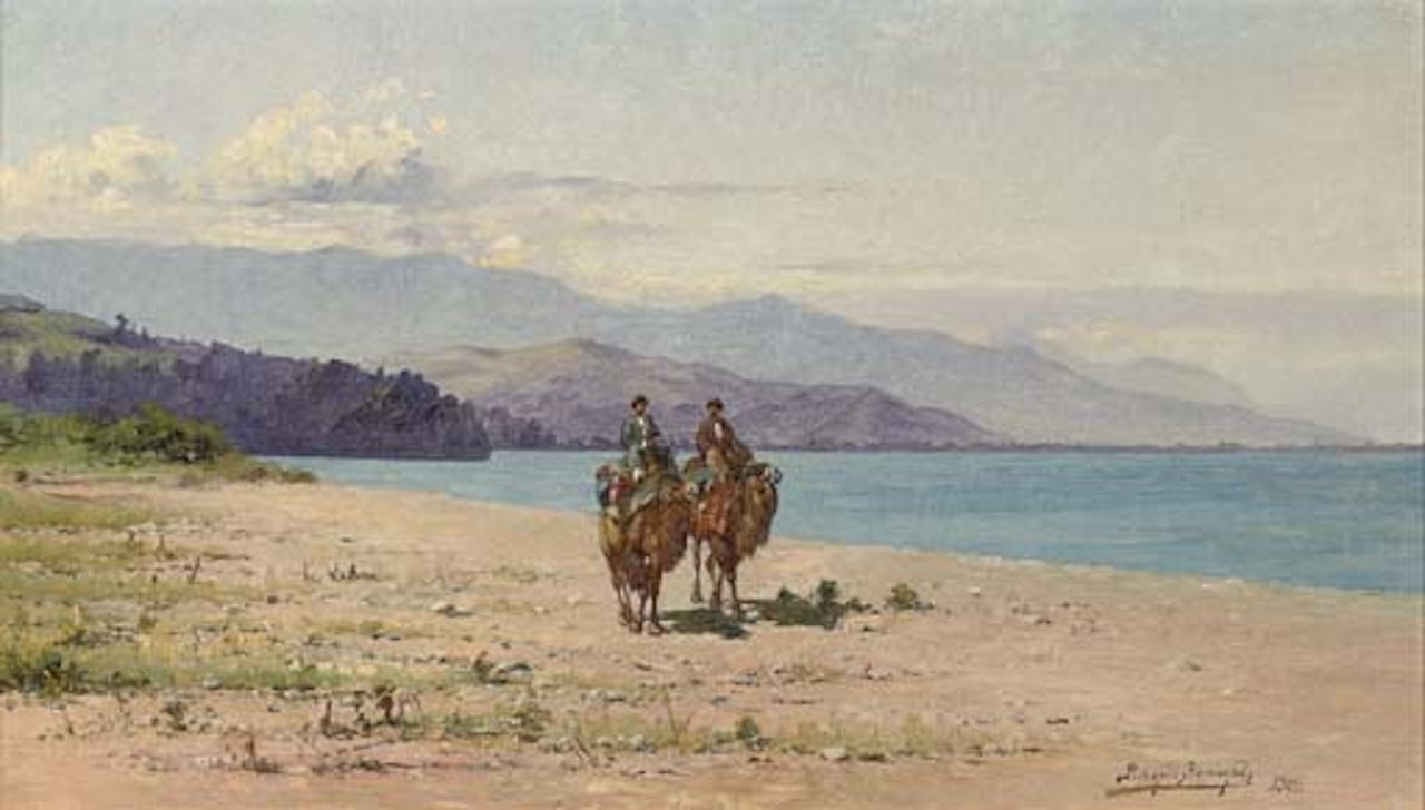 Camel riders by the shore of the Lake Kardycatch in the Caucasus by Richard Karlovich Zommer