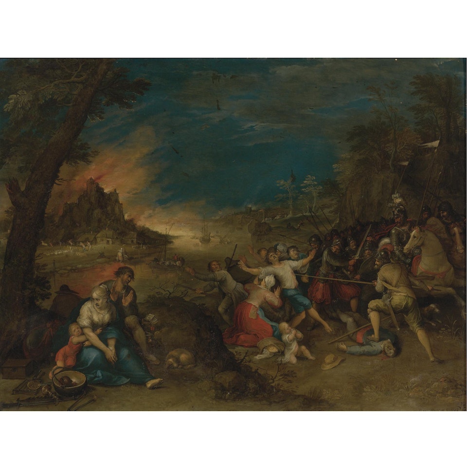 Soldiers Attacking Peasants Before A Burning Village (The Horrors Of War) by Frans Francken II