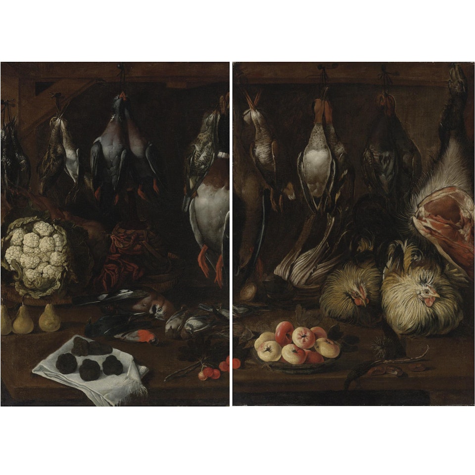 Still Life Of Game, A Cauliflower, Truffles, Pears And Cherries; Still Life Of Game, Chickens, A Cardoon And Apples by Neapolitan School