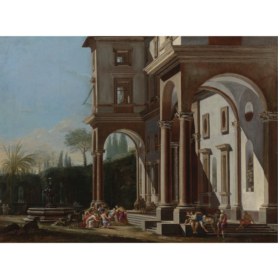 A Palace With Pavilions And A Fountain, With Joseph Revealing Himself To His Brothers by Viviano Codazzi by Filippo Lauri
