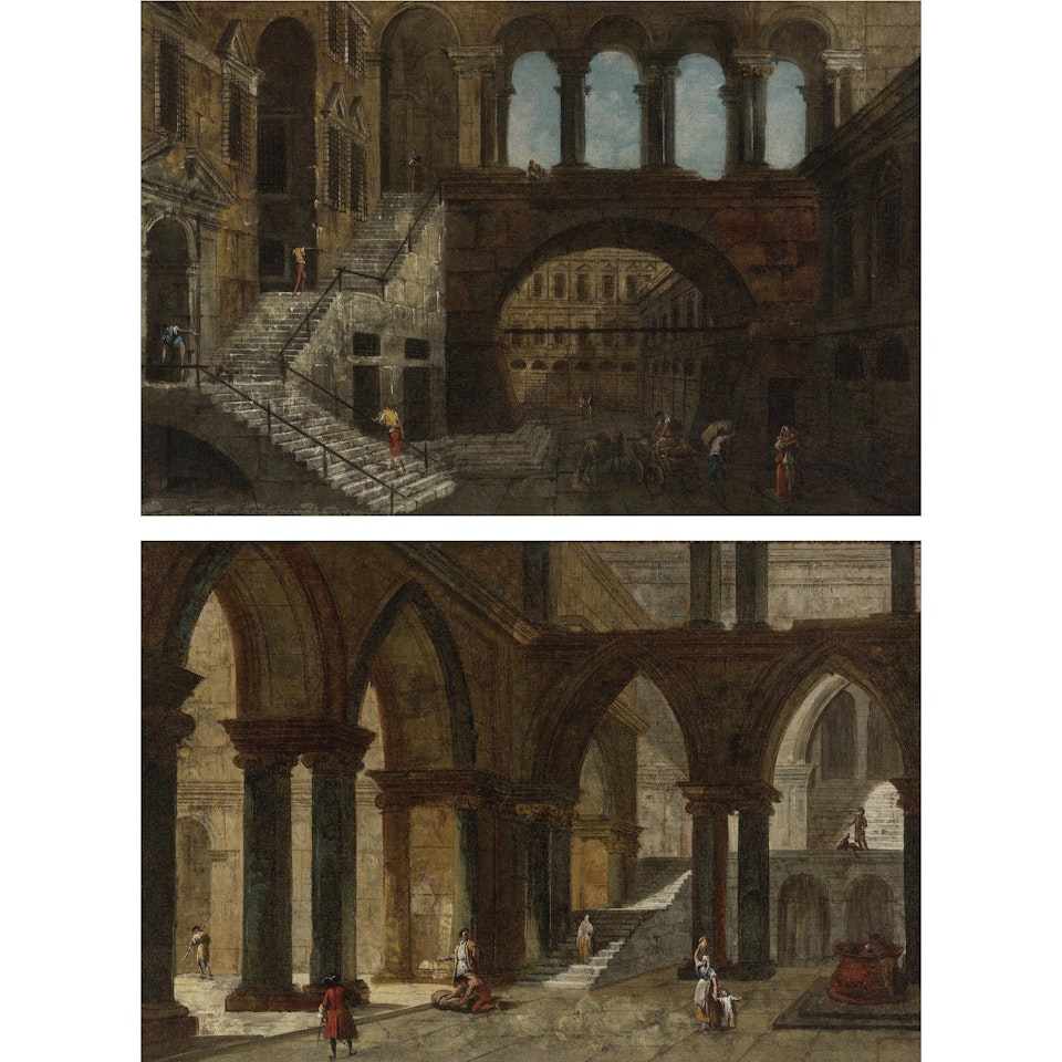 Architectural Fantasy With Gothic Arches; Architectural Fantasy With A Staircase In An Open Courtyard by Michele Marieschi