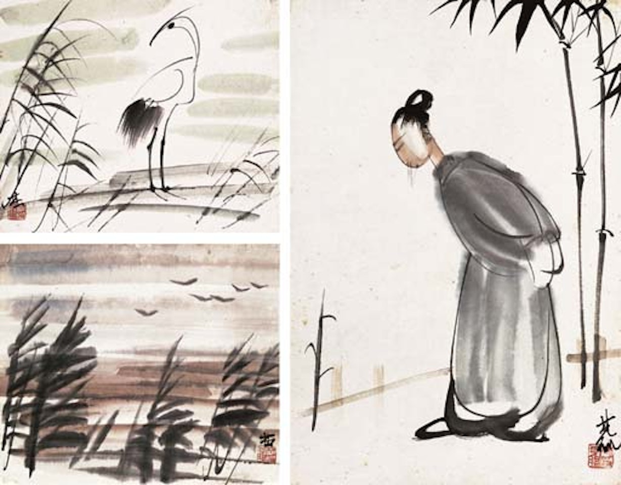 Crane, old man and reeds by Lin Fengmian