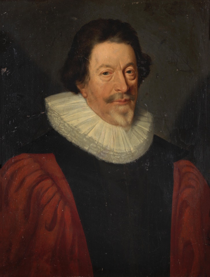Portrait of a man, in black costume with brown sleeves and a white ruff by French School