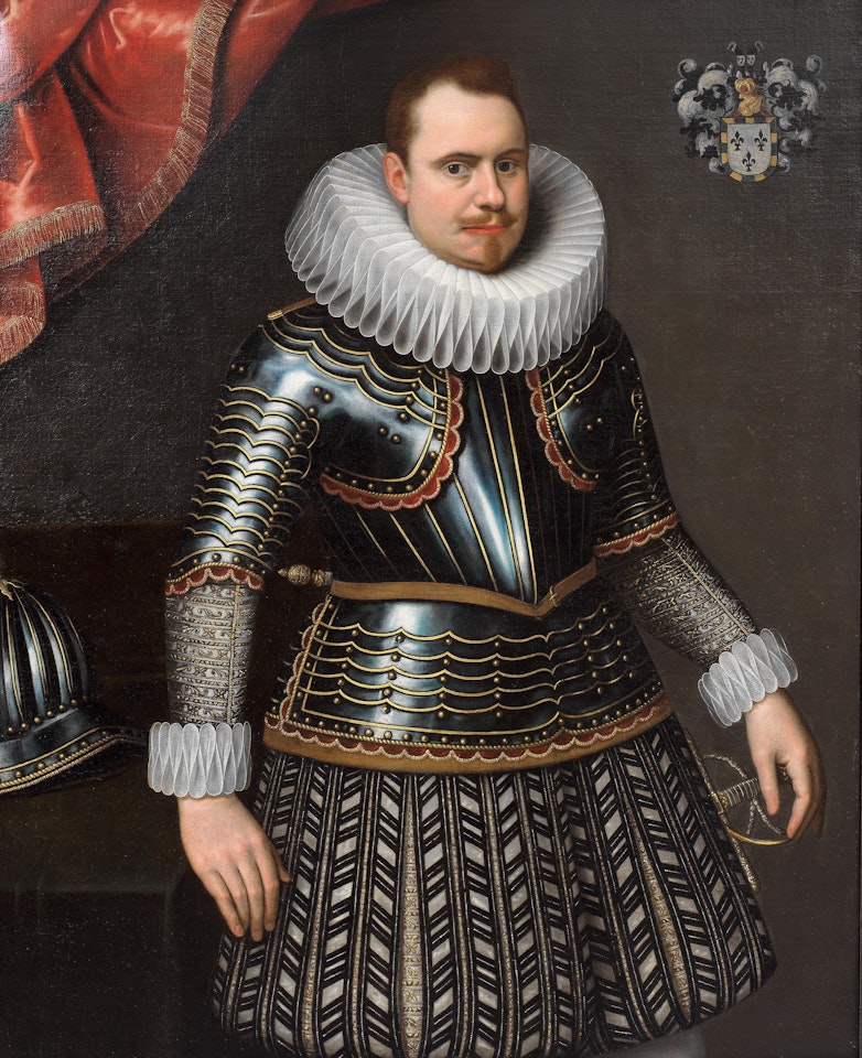 Portrait of gentleman, three-quarter-length, in armour, standing before a curtain by Flemish School