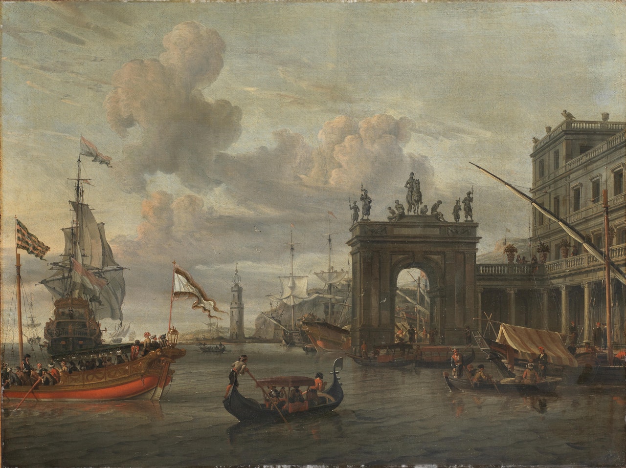 An Italianate port with a triumphal arch near a colonnaded building, figures in a gondola in the foreground by Abraham Storck