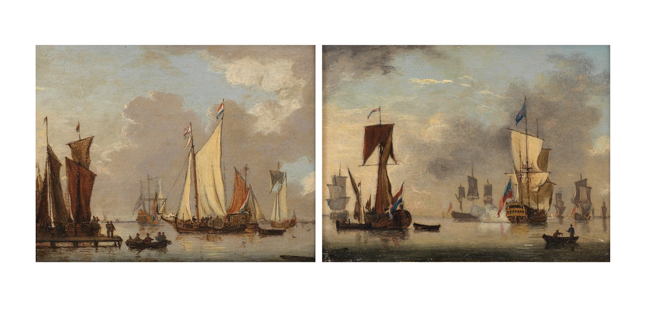 Shipping in calm waters, a flagship firing a salute; and Shipping in calm waters, with a jetty in the foreground (2) by Francis Swaine