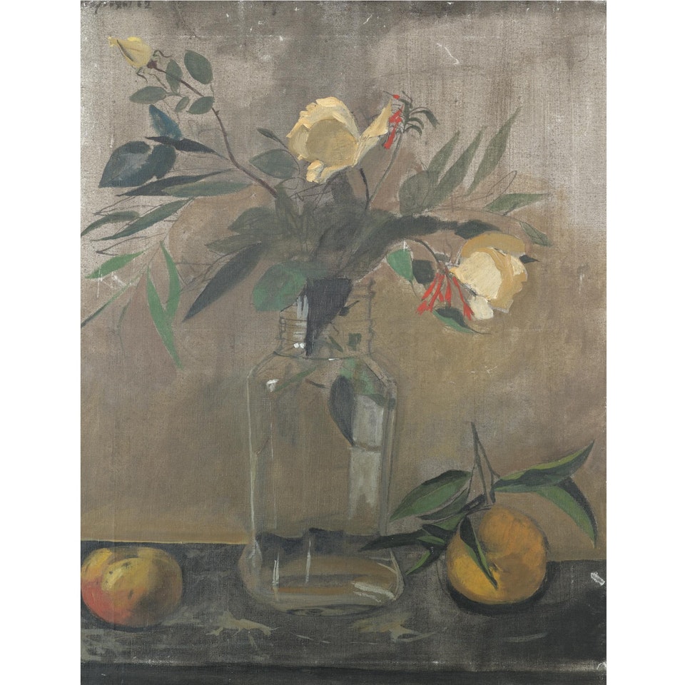 Still Life Of Yellow Roses And Fruit by Yannis Tsarouchis