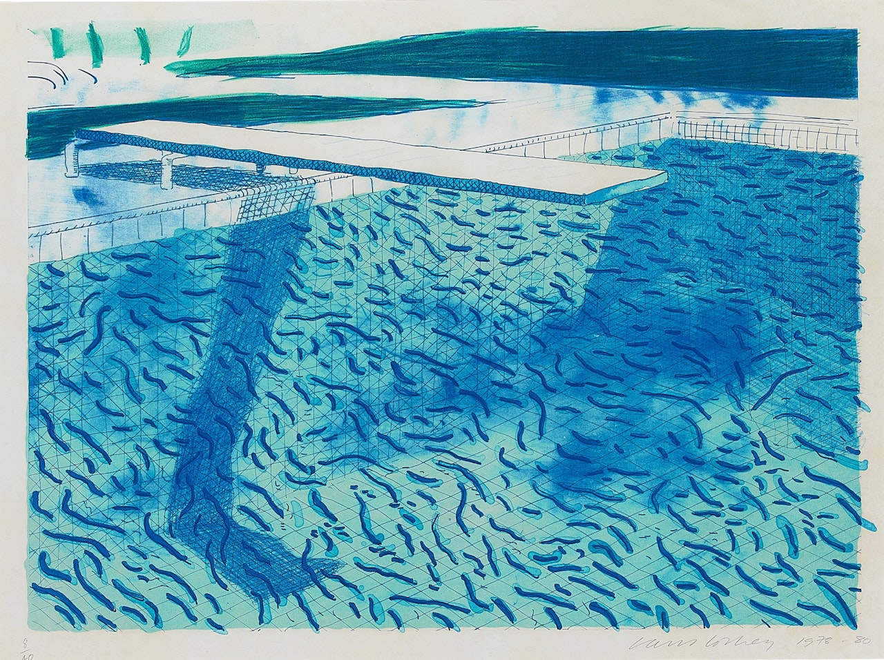 Lithograph of Water Made of Thick and Thin Lines and Two Light Blue Washes by David Hockney