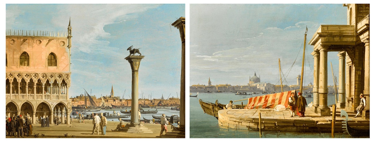 Venice, a view of the Piazzetta with the southwest corner of the Doge's Palace; Venice, a view of the quay of the Dogana by Canaletto