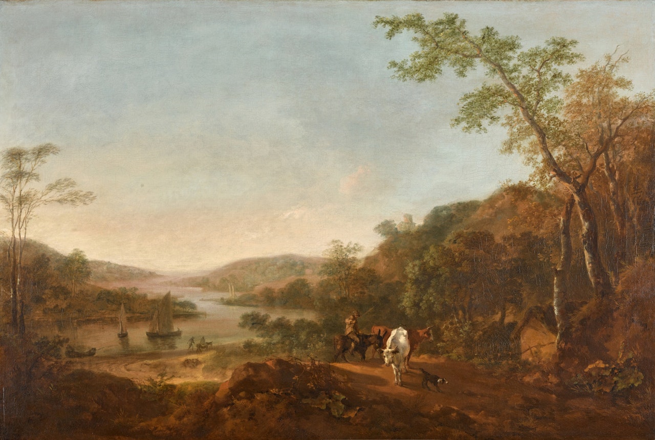 A wooded river landscape with a herdsman driving cattle, sailing boats in the distance by Thomas Gainsborough