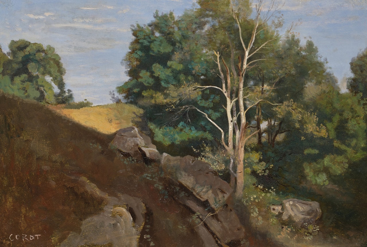 Fontainebleau: Group of trees on the flank of a rocky hillside by Jean Baptiste Camille Corot